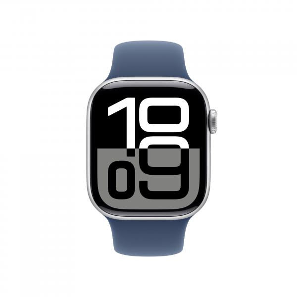 Apple Watch Series 10 GPS + Cellular 42mm Silver Aluminium Case with Denim Sport Band - M/L