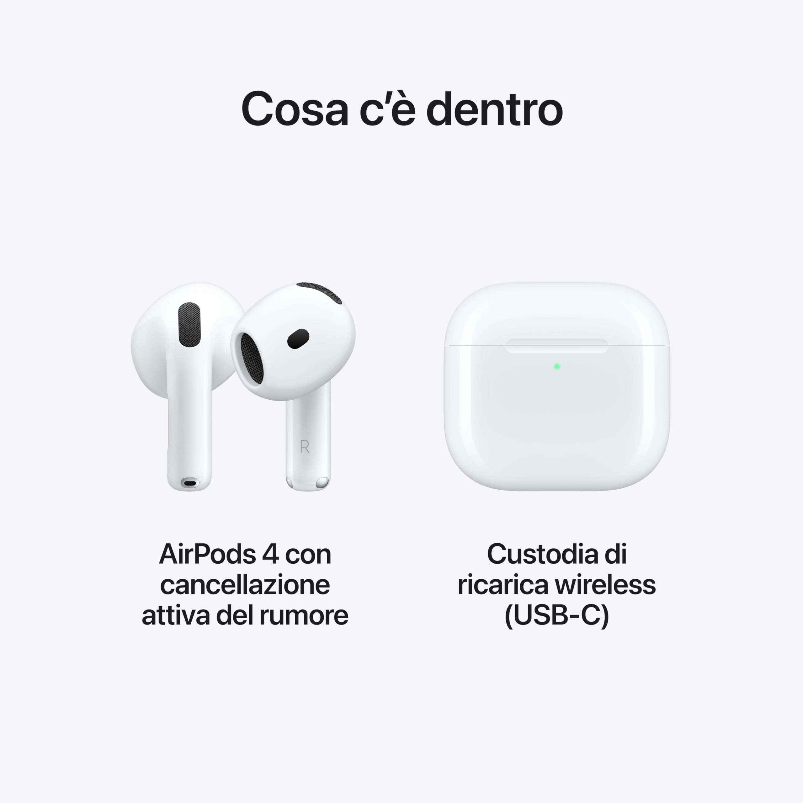 Apple AirPods 4 Auricolari wireless, Auricolari Bluetooth, Cancellazione attiva del rumore, Audio adattivo, Trasparenza, Audio spaziale personalizzato, Custodia di ricarica USB-C, Ricarica wireless