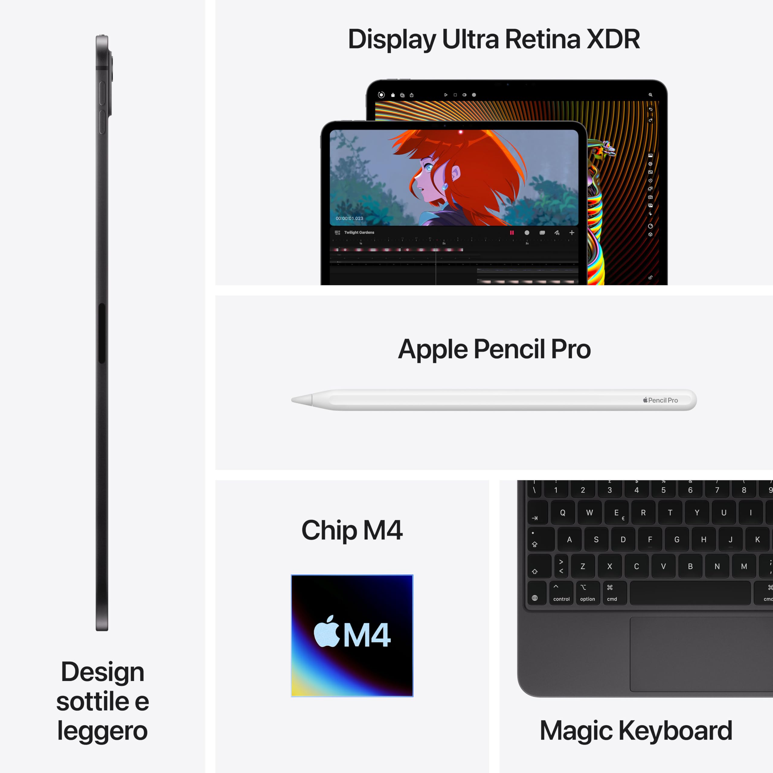 Apple iPad Pro 11'': Chip M4 Progettato per Apple Intelligence, display Ultra Retina XDR, 2TB, fotocamera da 12MP, Wi-Fi 6E + reti cellulari 5G, un giorno intero di batteria – Nero siderale